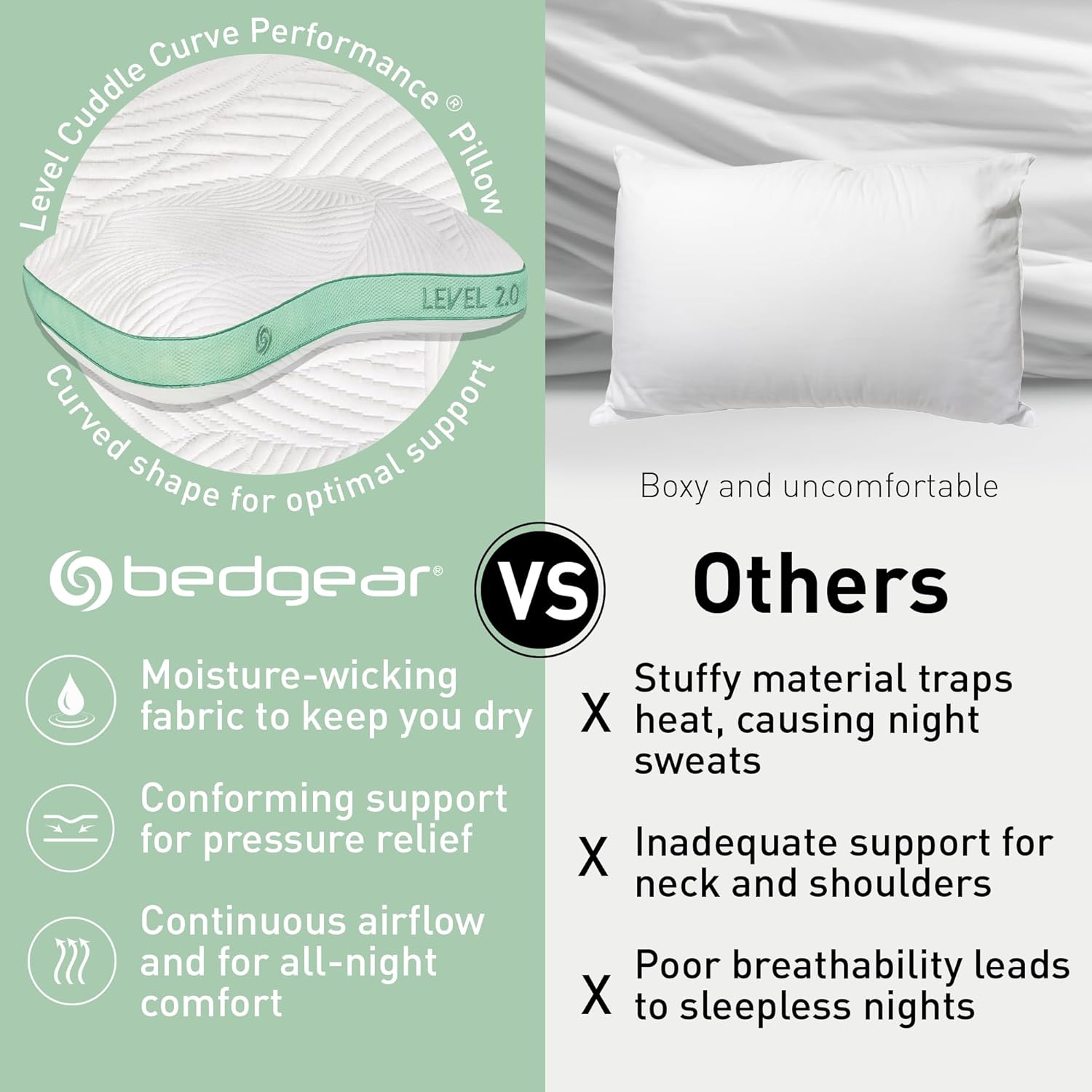Bedgear Level Cuddle Performance Pillow - Firm Bed Pillow for Side Sleepers - Moisture Wicking Removable Cover - Size 2.0